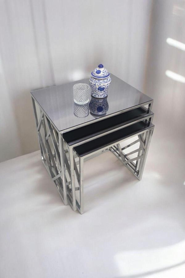 Mobievim Venice Gümüş Metal Ayaklı Füme Aynalı Zigon Sehpa 40x55 cm - Image 1
