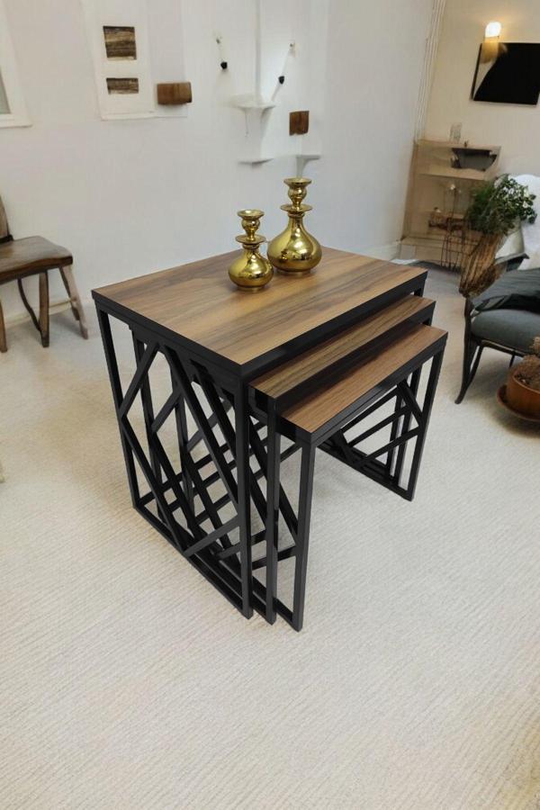 Mobievim Venice Siyah Metal Ayaklı Ceviz Üst Tablalı Zigon Sehpa 40x55 cm - Image 1