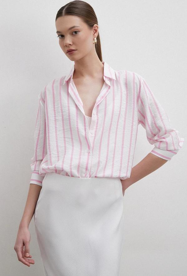 V Yaka Çizgili Modal Gömlek Pembe - Image 1