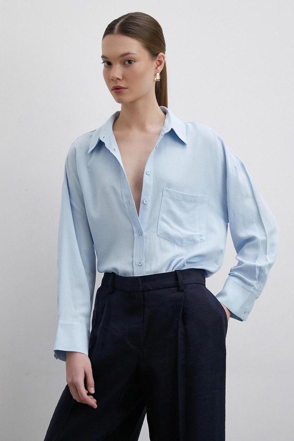 Keten Karışımlı Linen Prunes Gömlek Mavi - Image 1