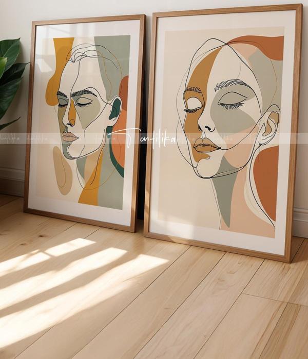 Soyut Yüz Çizimleri Ahşap Çerçeveli 2'li Tablo Seti - 21x30 - Image 1