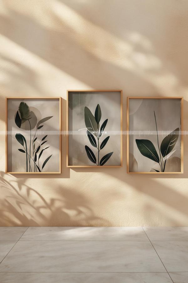 Minimal Yeşillikler 3'lü Ahşap Çerçeveli Tablo Seti-2 - Image 1