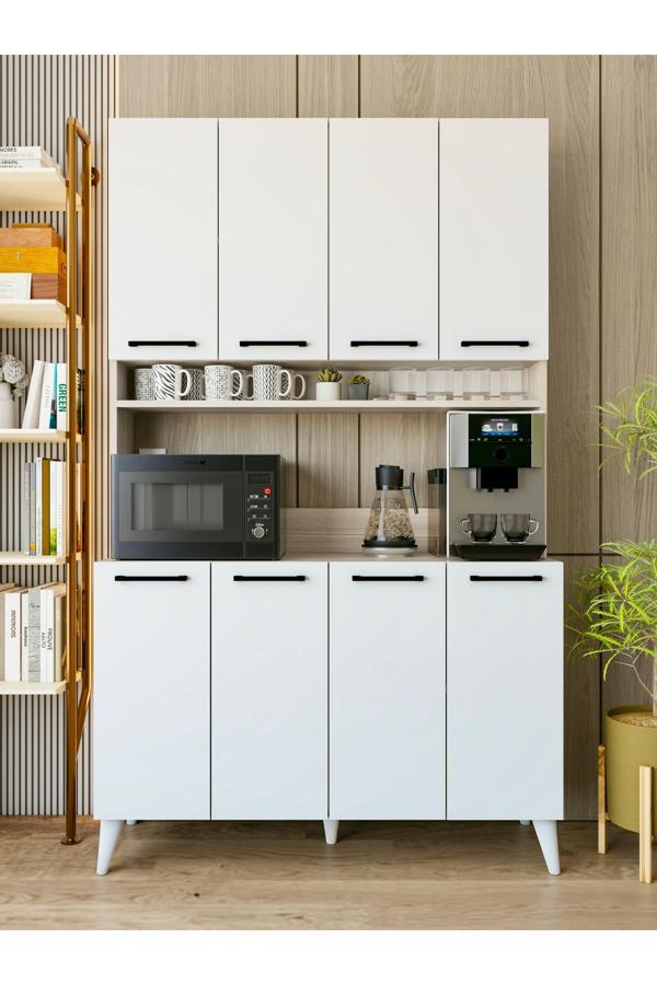 Montenero Çok Amaçlı Dolap Parlak Beyaz-Cordoba Kahve Köşesi 8 Kapaklı Dolap - Image 1