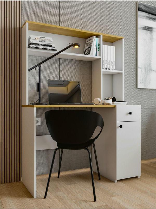 Montenero Çalışma Masası Parlak Beyaz Marbella Kitaplıklı Raflı Modern Masa - Image 1