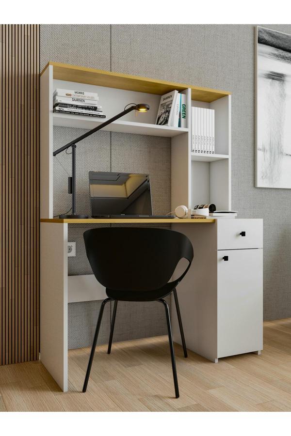 Montenero Çalışma Masası Parlak Beyaz Marbella Kitaplıklı Raflı Modern Masa - Image 1