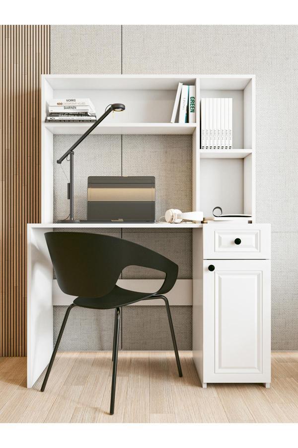 Montenero Çalışma Masası Country Bilgisayar Masası Parlak Beyaz Kitaplıklı Raflı Ofis Ders Masası - Image 1