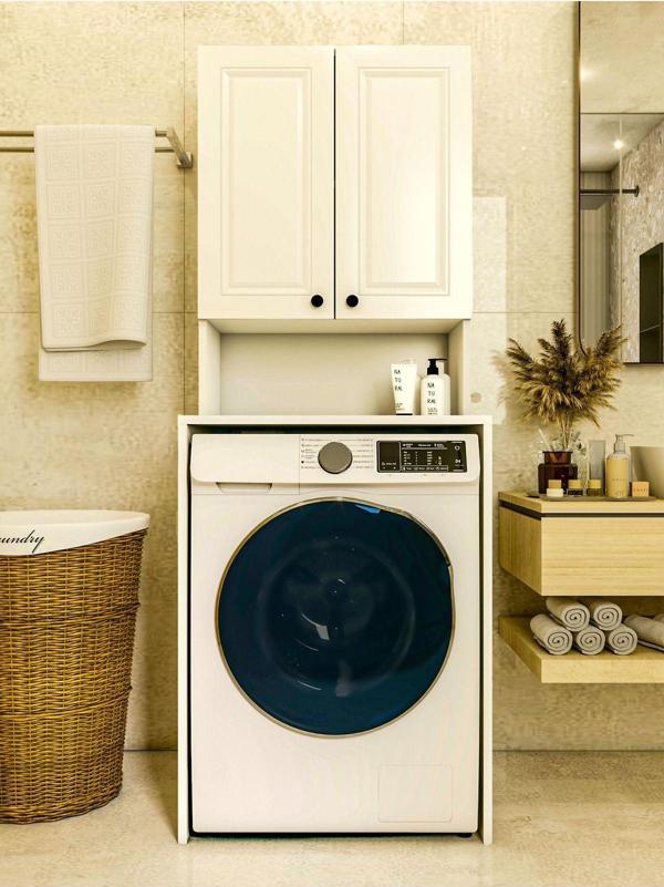 Montenero Çamaşır Makinesi Dolabı Parlak Beyaz Modern Banyo Dolabı - Image 1