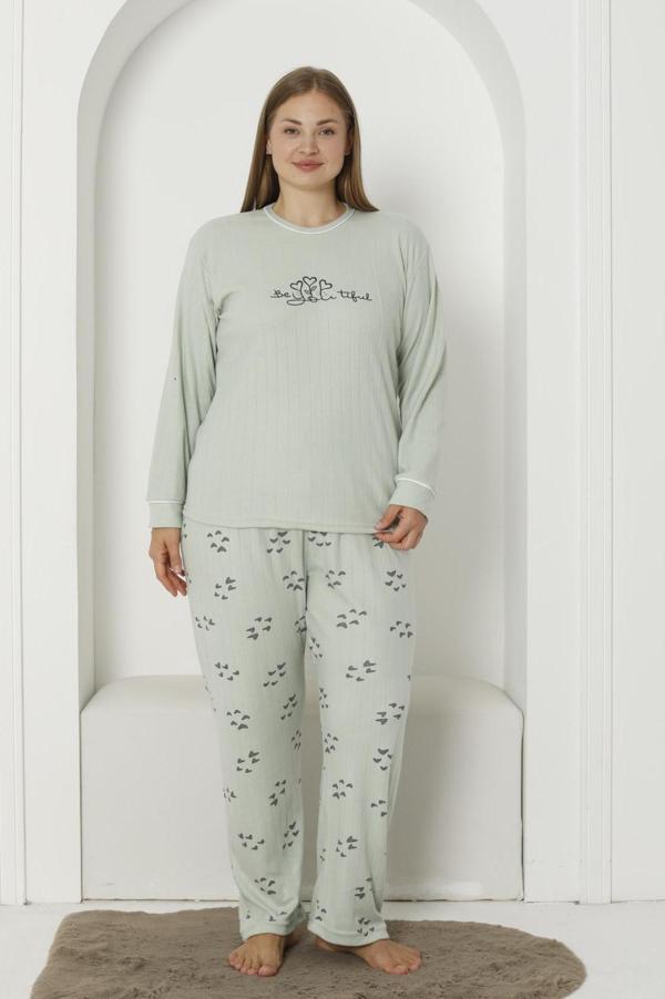 Fawn 3201 İnterlok Ayıcık Nakışlı Kışlık Büyük Beden Kadın Pijama Takımı - Image 1