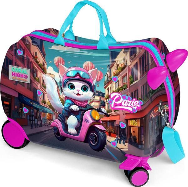 Coral High Kids Pembe Motorlu Kedi Desenli Otur-Çek Çocuk Valizi 16358 - Image 1