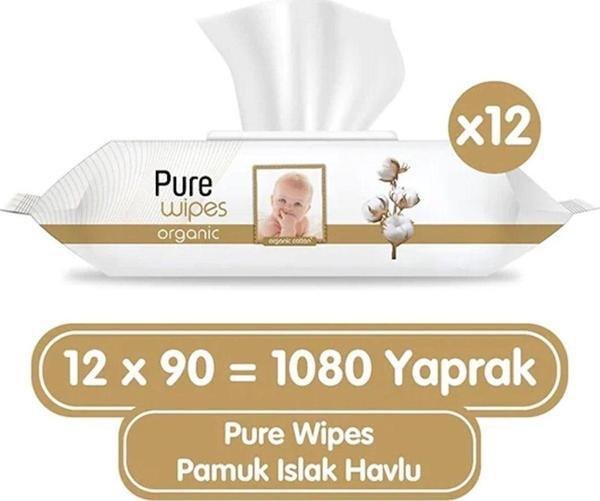 Pure Baby Organik Pamuklu 90 Yaprak 12 Li Paket Islak Havlu - Image 1