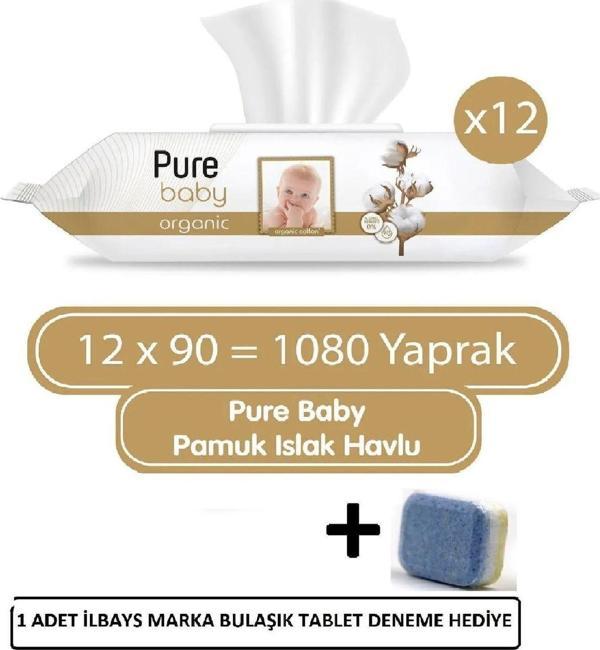 Pure Baby Organik Pamuklu Islak Havlu 12×90 (1080 Yaprak)+İlbays bulaşık tablet - Image 1