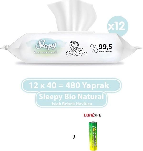 Sleepy Bio Natural Yenidoğan Islak Bebek Bakım Havlusu 12x40 (480 YAPRAK)+LONLIFE MARKA 1 ADET PİL - Image 1