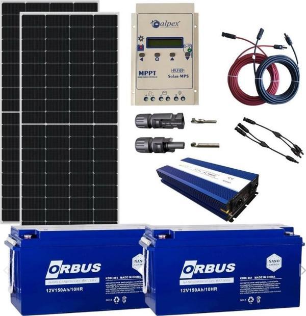 Teknovasyon Arge Güneş Enerjisi Bağ Evi Solar Paketi - 2000W Tam Sinüs İnverter, 2 x 340W 24V Polikristal Güneş Paneli,  - Image 1