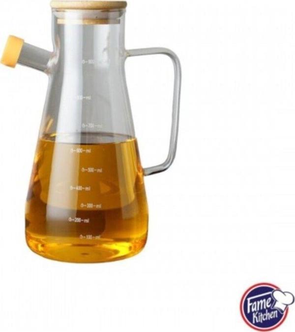 Fame Kitchen Bambu Kapaklı Borosilikat Cam Damlatmaz Yağlık Sirkelik Sosluk - 900 Ml - Image 1