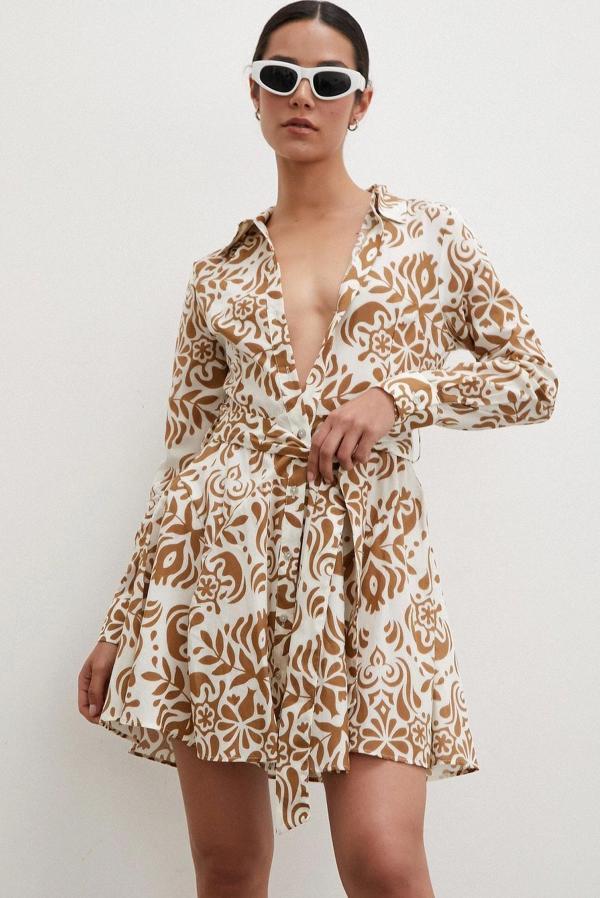 Godeli Desenli Elbise Kahve - Image 1