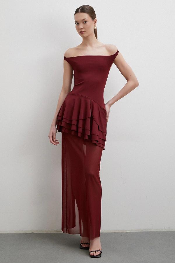Boyun Askılı Fırfırlı Tül Elbise Bordo - Image 1