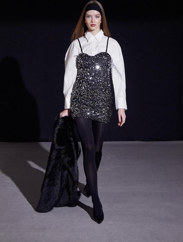 Askılı Pul Elbise Gümüş - Image 1