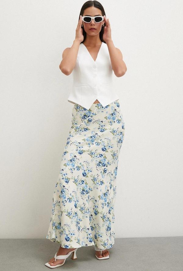 Çiçek Desenli Saten Etek Mavi - Image 1