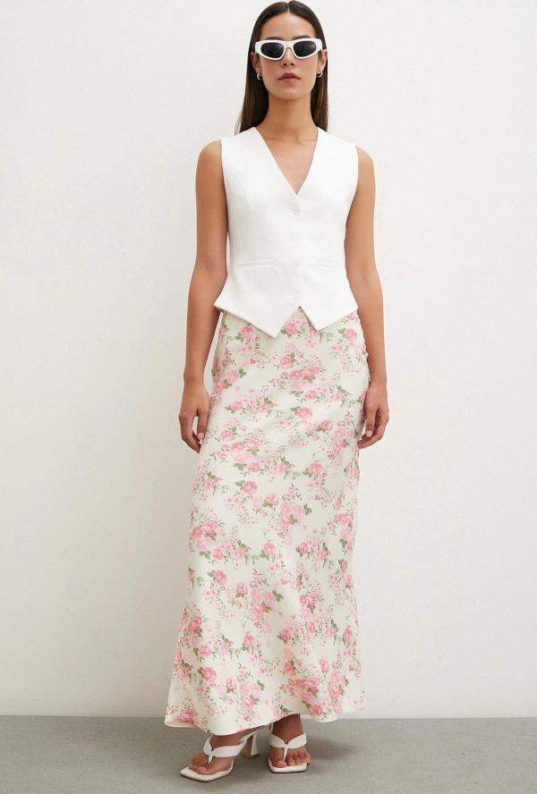 Çiçek Desenli Saten Etek Lila - Image 1