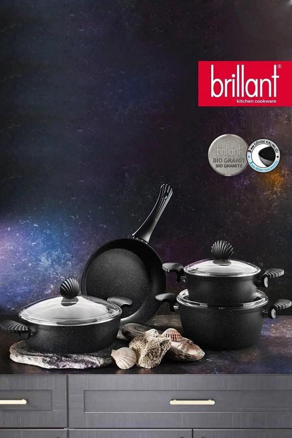 Brillant GRN-TN-5851 Petra Siyah 7 Parça Döküm Tencere Seti Yanmaz Yapışmaz Alüminyum Tencere Seti - Image 1