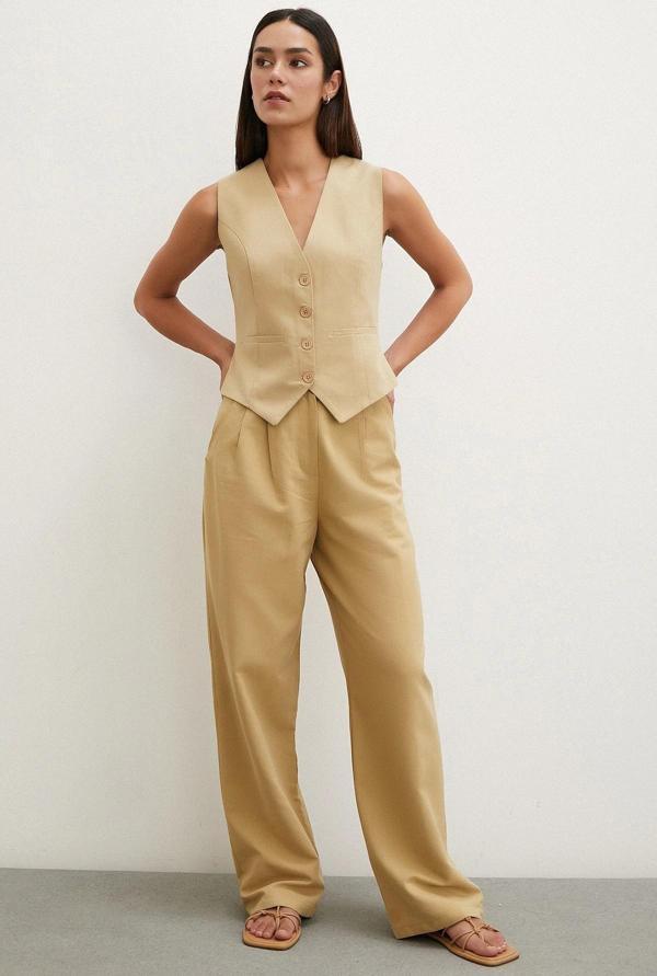 Boru Paça Yüksek Bel Keten Pantolon Camel - Image 1