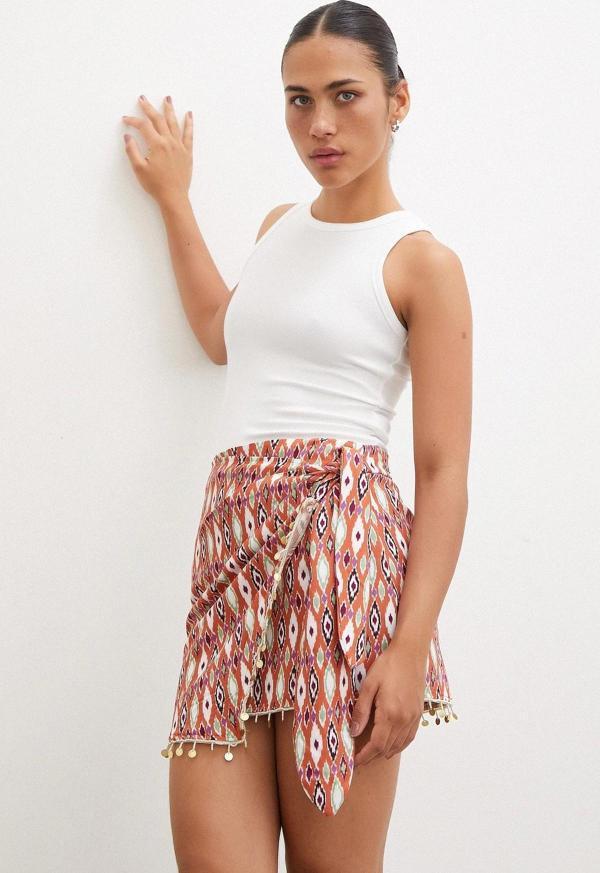 Pul Aksesuarlı Bağlamalı Mini Etek Kiremit - Image 1