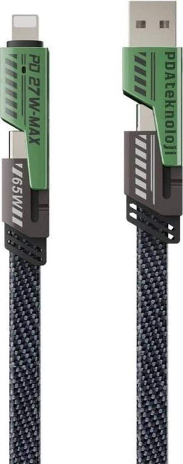 PDAteknoloji 2 in 2 4'lü 65w USB Type-C ve Lightning Örgülü Şarj Ve Data Kablosu - 1.5m Siyah AZ-B10th - Image 1