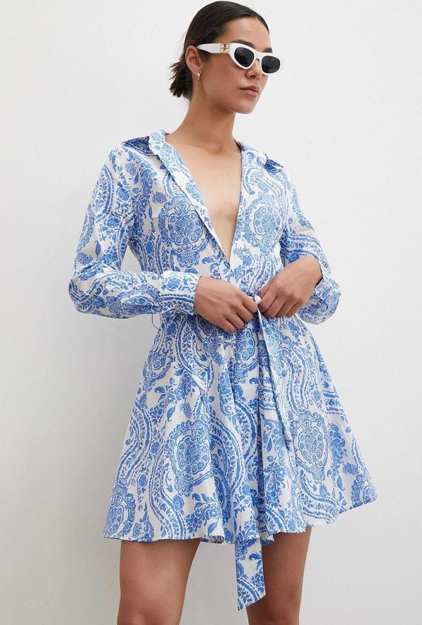 Godeli Desenli Elbise Mavi - Image 1