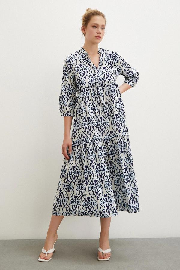 Hakim Yaka Desenli Maxi Elbise Lacivert - Image 1