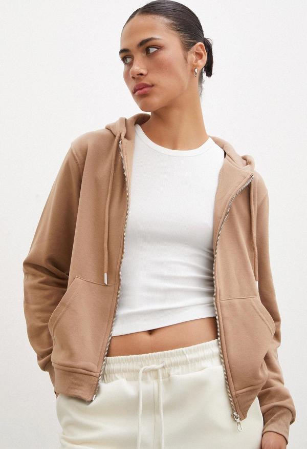 Fermuarlı Kapüşonlu Sweatshirt Kahve - Image 1