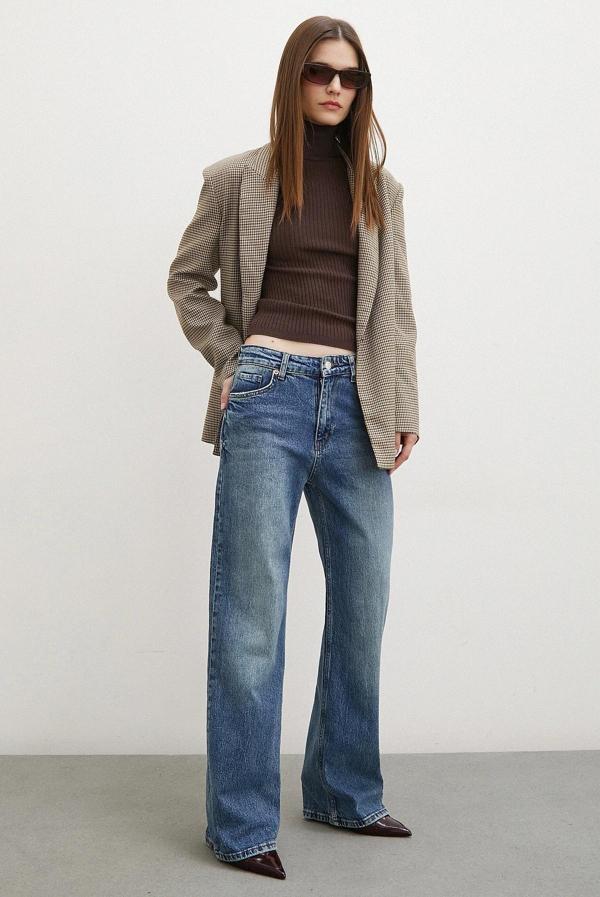 Beş Cepli Yüksek Bel Boru Paça Jean Lacivert - Image 1