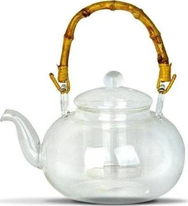 Bambu Saplı Cam Süzgeçli Cam Bitki Çayı Demliği 1000ML - Image 1