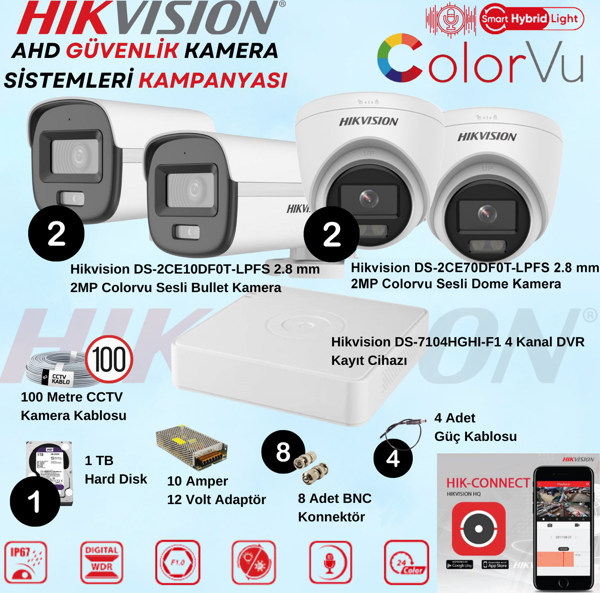 Hikvision Sesli Smart Hybrid Light AHD 2 Adet Dome 2 Adet Bullet 2 Mp Güvenlik Kamera Seti - Image 1