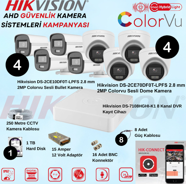 Hikvision Sesli Smart Hybrid Light AHD 4 Adet Bullet 4 Adet Dome 2 Mp Güvenlik Kamera Seti - Image 1