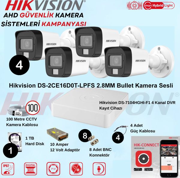Hikvision Sesli Smart Hybrid Light AHD 4 Adet Bullet Kamera 2 Mp Güvenlik Kamera Seti - Image 1