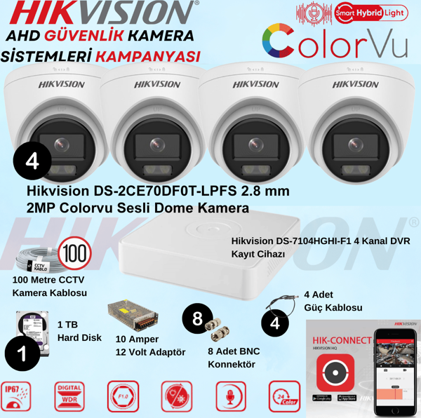 Hikvision Sesli Smart Hybrid Light AHD 4 Adet Dome 2 Mp Güvenlik Kamera Seti - Image 1