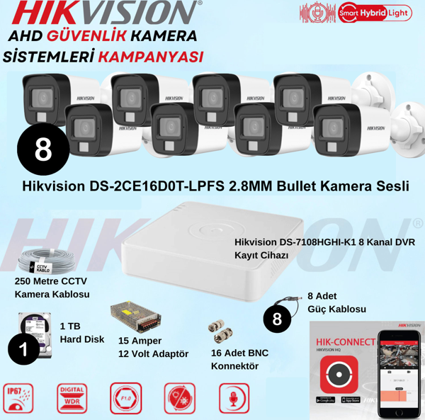 Hikvision Sesli Smart Hybrid Light AHD 8 Adet Bullet Kamera 2 Mp Güvenlik Kamera Seti - Image 1