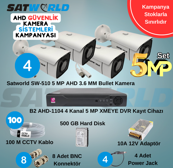 Satworld AHD 5MP 4 Adet Bullet Güvenlik Kamera Seti - Image 1