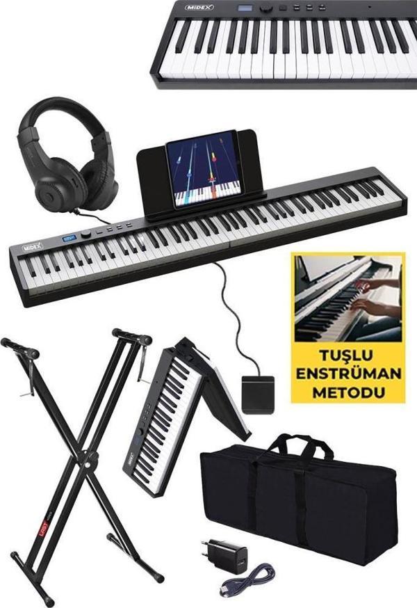 Midex PLX-100BK-ST Taşınabilir Dijital Piyano Tuş Hassasiyetli 88 Tuş Bluetooth Şarjlı (STAND Sustain Kulaklık Çanta Met - Image 1