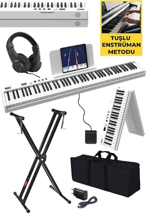 Midex PLX-100WH-ST Taşınabilir Dijital Piyano Tuş Hassasiyetli 88 Tuş Bluetooth Şarjlı (STAND Sustain Kulaklık Çanta Met - Image 1