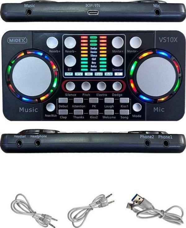 Midex VS10X Üst Seviye Stüdyo Kayıt Canlı Yayın Bluetooth ve Şarjlı Ses Kartı Efektli Radyo Mikseri (Telefon ve PC Podca - Image 1