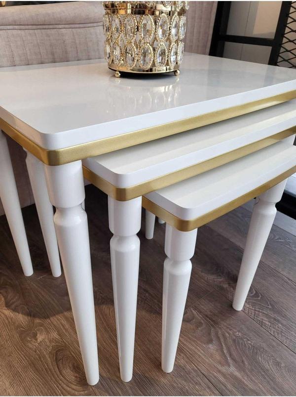 Akset 3Lü Lüx Zigon Sehpa Beyaz Gold - Image 1