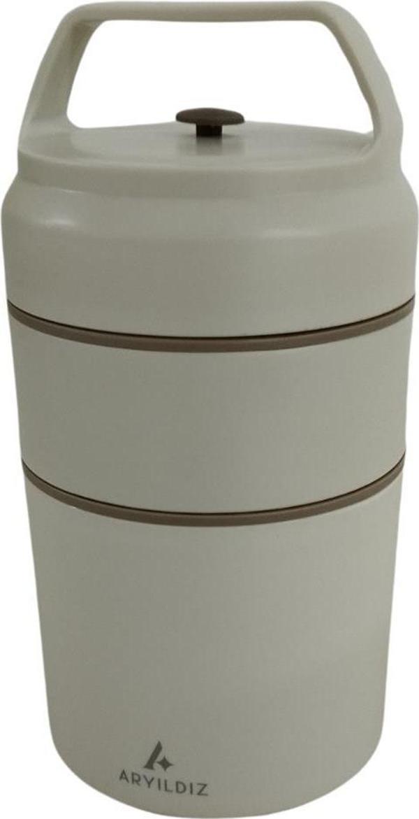 Aryıldız Bento Yuvarlak 2 Katlı Lunch Box Yemek Termosu Bej 620 ml - Image 1