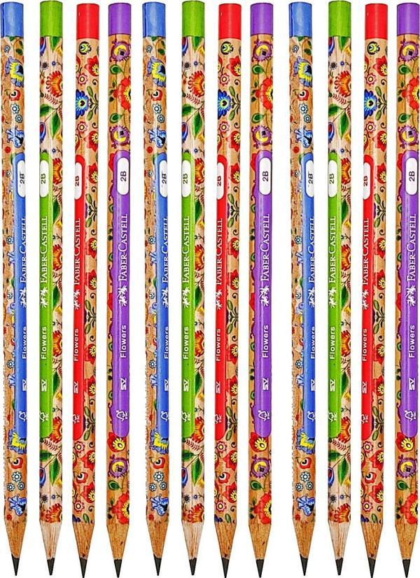 Renkli Flowers Çiçek Desenli Yuvarlak 2B Kurşun Kalem - 12 Adet - Image 1