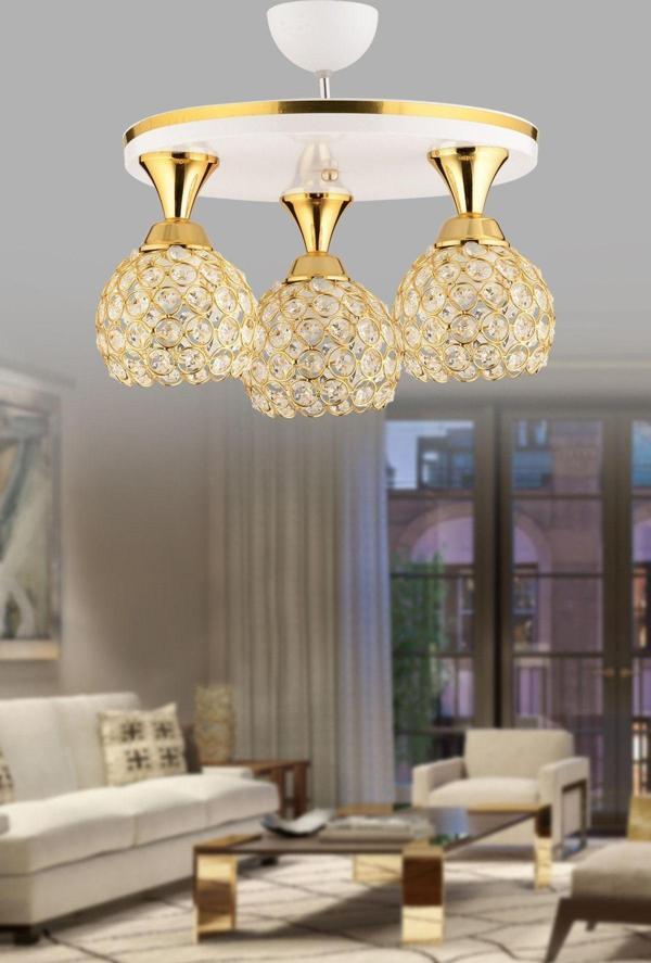 Kuzey Defne 3 Lü Kristal Top Beyaz Sarı Yaldızlı Tepsi Lüks Modern Avize - Image 1