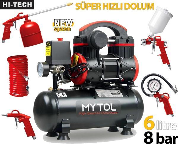 ROWERMAX Mytol 6 Litre 8 Bar Süper Hızlı Dolum 5 Li Havalı Setli Hava Kompresörü 1 HP Siyah - Image 1
