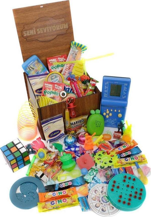 Nostaljik Bakkal Ahşap Gıda Ve Oyuncak Kutusu Mavi Tetris ( Seni Seviyorum ) - Image 1