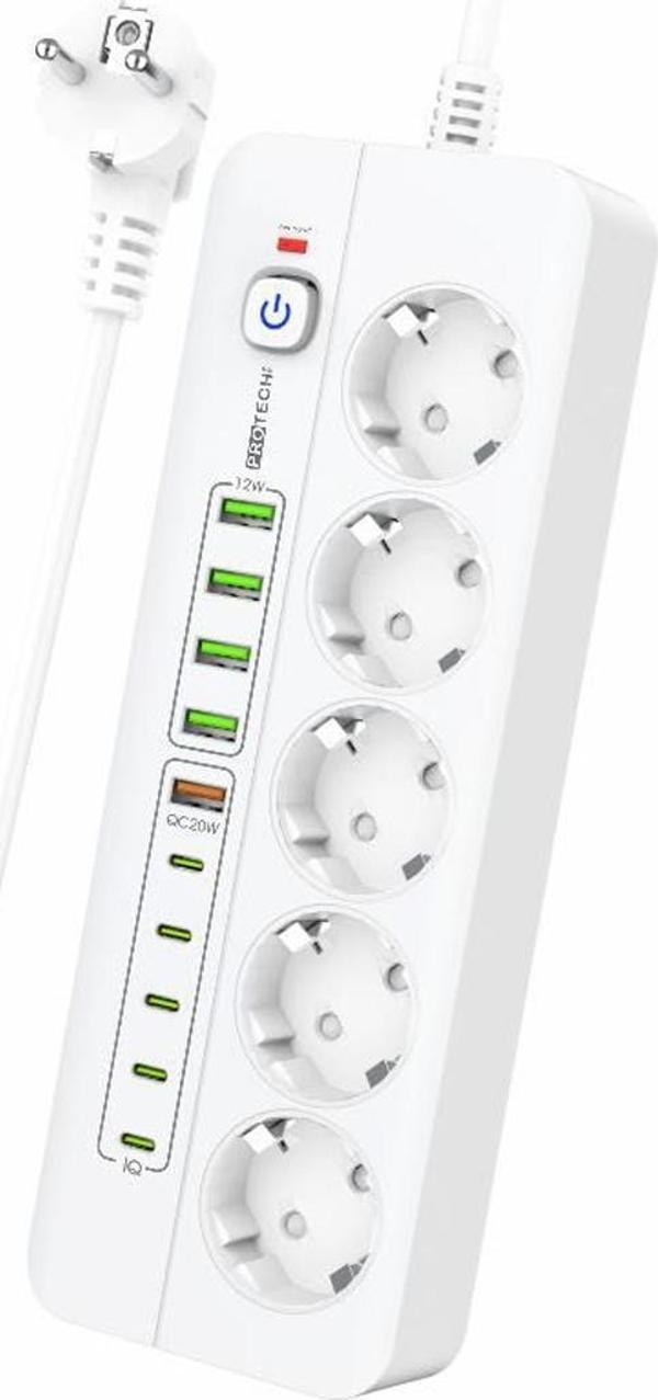 3000W Yeni Tasarım Akım Korumalı 5 USB'li ve 5 TYPE-C li 5'lı Grup Priz 2 m Uzatma Kablosu Beyaz - Image 1