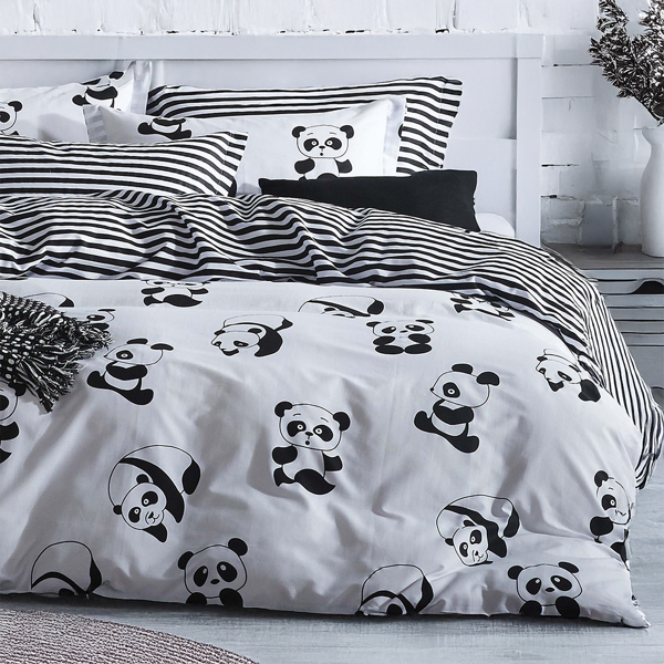 Kolay Ütülenir Nevresim Takımı Çift Kişilik B&W Panda - Image 1