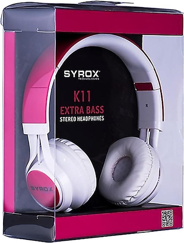 Syrox K11 Extra Bass 1.50mt 3.5mm AUX Kablolu Mikrofonlu Kulak Üstü Kulaklık - Kırmızı-Beyaz - Image 1